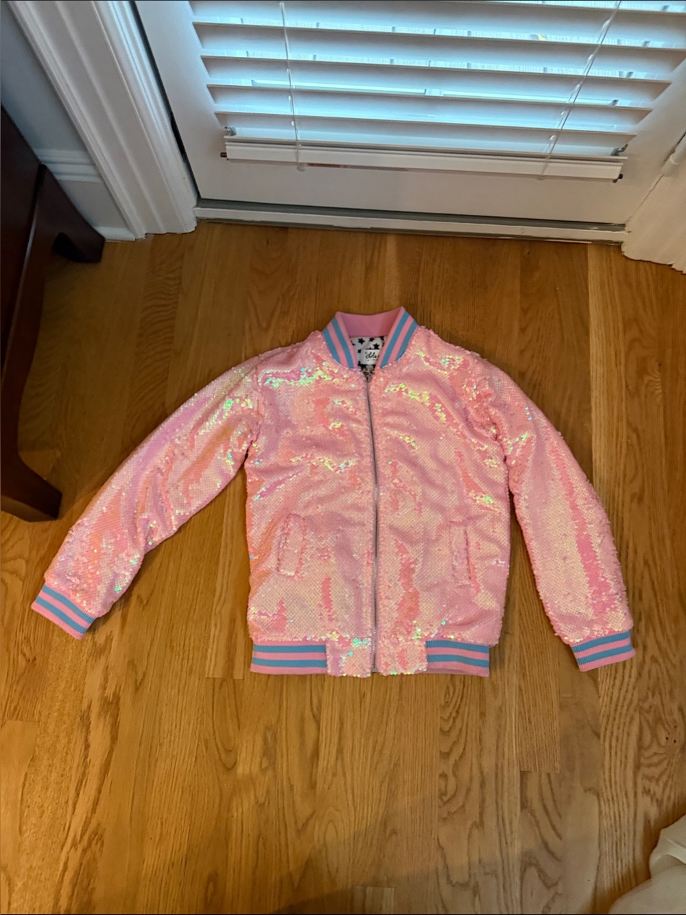 Lola + The Boys Pink Iridescent Sequin Bomber Jacket w unicorn